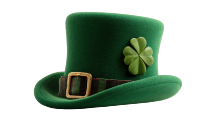 Emerald green top hat with a shamrock and buckle detail, floating against a black background