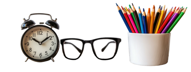 Analog clock, black-framed glasses, and colorful pencils in a white cup