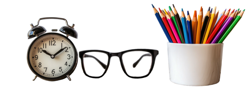 Analog clock, black-framed glasses, and colorful pencils in a white cup