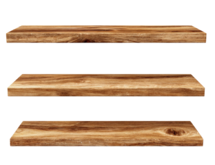 Three wooden shelves, each with different grain and finish, isolated against a black background