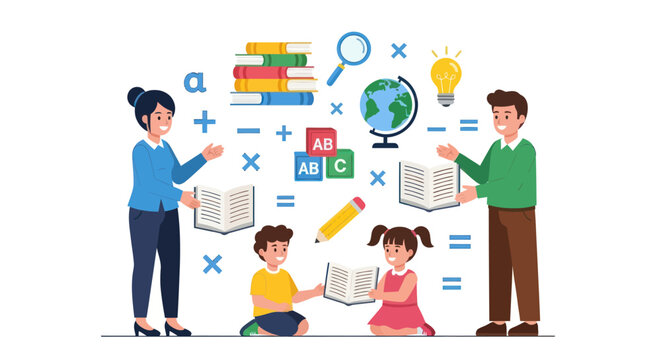 Educational Scene with Teachers Children Books and Learning Symbols.