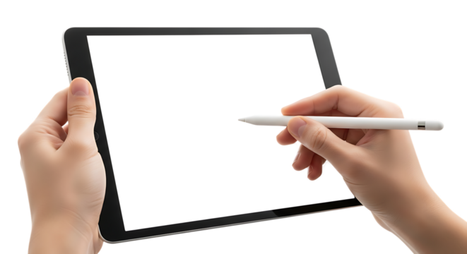 Woman holding tablet with stylus in hand ready to create designs