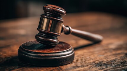 Close-up of a wooden gavel resting on a round sound block with a smooth dark finish and metallic accents, symbolizing law and justice