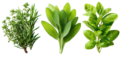 Three leafy green herbs, with distinct shapes and textures, isolated on a black background