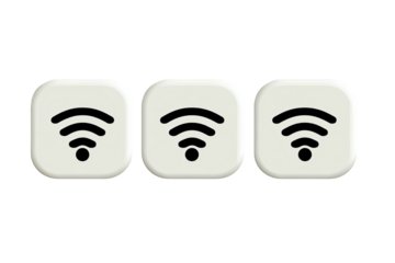 Three square icons each displaying a black wireless symbol on a white button background, black backdrop