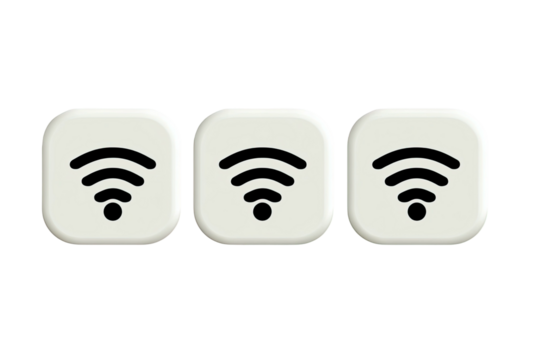 Three square icons each displaying a black wireless symbol on a white button background, black backdrop