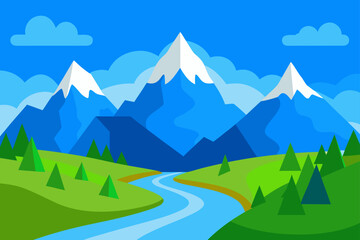 Landscape with mountains river and trees illustration on transparent background