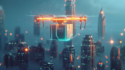 In a vibrant urban landscape at dusk, a glowing drone hovers with a package. It symbolizes the future of delivery services, showcasing advanced technology in motion
