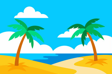 Two palm trees on a beach with clouds in the sky on transparent background