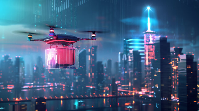 A futuristic drone delivery system hovers in a glowing urban landscape during nighttime, illuminating the skyline with advanced technology. The city thrives with life and innovation