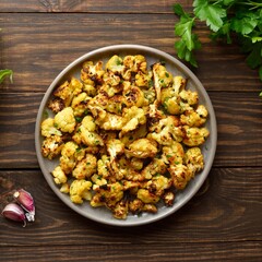 Roasted cauliflower on wooden background