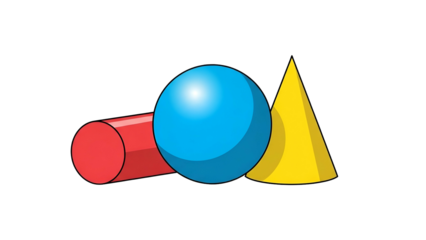 Colorful Geometric Shapes Red Cylinder Blue Sphere Yellow Cone on Black