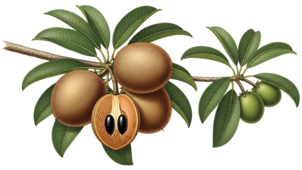 Ripe Sapodilla Fruit Still Life with Brown Skin and Black Seeds on Branch with Green Leaves