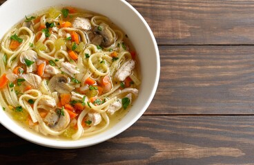 Diet chicken noodle soup with vegetables