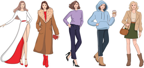Winter Fashion Vector Sketch Collection,  Trendy Hand-Drawn Fashion Models Wearing Coats, Scarves, Hats, and Boots, Suitable for Lookbooks, Style Illustrations, and Seasonal Campaigns