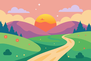 Obraz premium Cartoon landscape with mountains and a winding path on transparent background