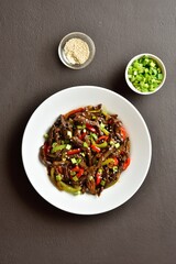 Fried shredded beef steak in spicy, savoury, sweet chilli sauce