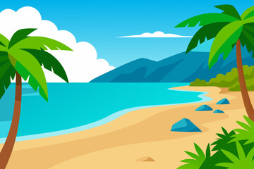 Obraz premium Tropical beach landscape with palm trees and ocean on transparent background