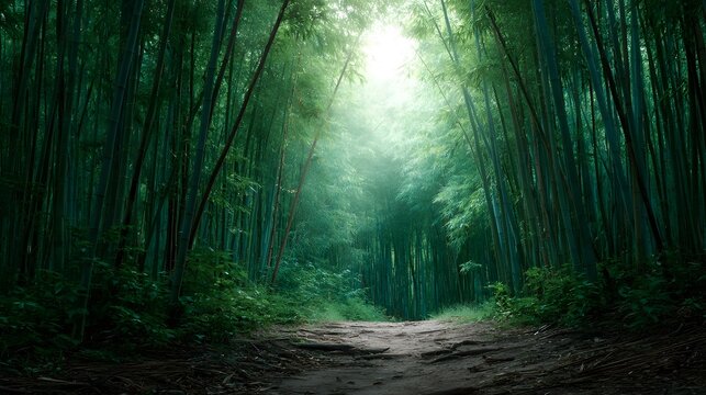 A sunlit path winds through a dense serene bamboo forest bathed in ethereal green light
