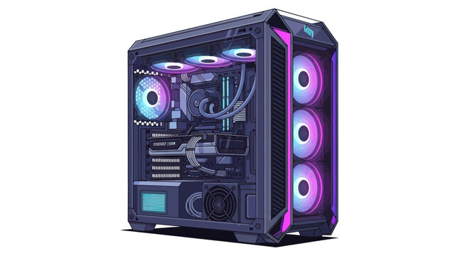 A powerful gaming PC tower featuring a transparent side panel and vibrant purple and cyan RGB lighting.