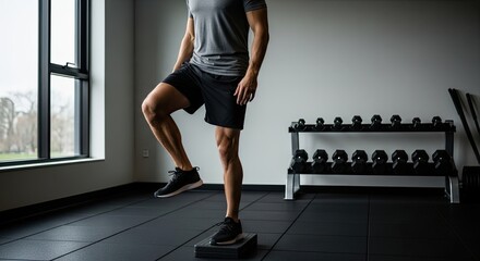 Man performing step up exercise in gym with dumbbells in background