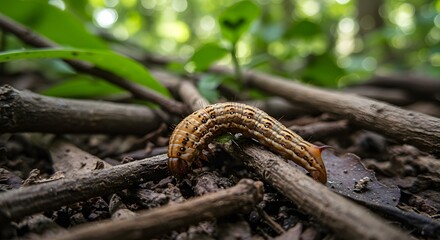Close-up of a striped caterpillar crawling on forest floor amidst twigs and green leaves