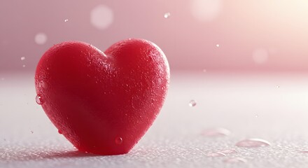 Obraz premium Close-up of a red heart with water droplets on a textured surface, soft focus background