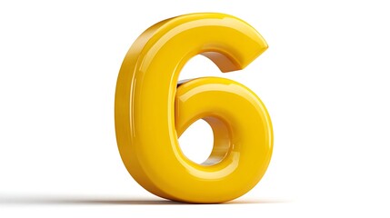 Isolated shiny yellow number six on a white background with a soft shadow