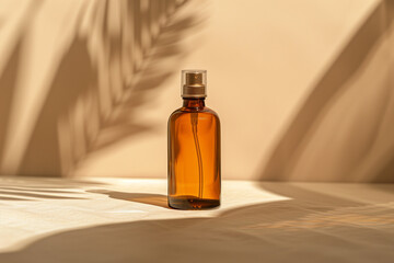 An amber skincare bottle stands alone on a pastel beige surface, illuminated by soft light that creates gentle shadows. This still life arrangement highlights its modern design and calming colors