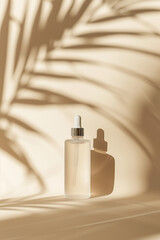 A clear skincare bottle rests on a smooth surface, set against a warm pastel beige background. Shadows from palm leaves create a gentle ambiance, enhancing the bottle's charm