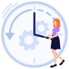 Woman Interacting With A Large Clock Face Featuring Gears And Arrows Symbolizing Time Management And Efficiency In A Clean Blue Palette With A Transparent Background