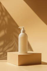 A skincare bottle is centered on a soft pastel beige surface, creating a calm aesthetic. Gentle shadows enhance the minimalist design, capturing a serene moment in a beauty setting