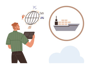Man holding tablet, globe with logistics icons, cargo ship, truck, plane, and delivery. Ideal for logistics, global trade, supply chain digital transformation shipping business strategy simple