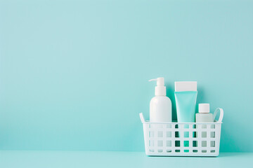 A mini shopping basket displays various skincare products against a calming blue background. The vibrant colors and simple layout highlight the focus on self-care and beauty essentials