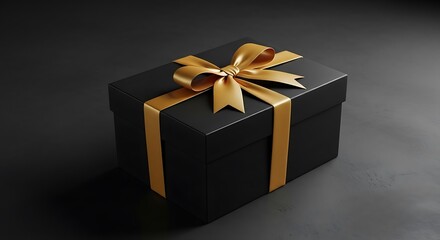 Fototapeta premium Elegant Black Gift Box with Golden Ribbon on Dark Background.