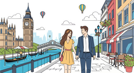 Cartoon Couple Walking Hand-in-Hand Along European City Street. © wong