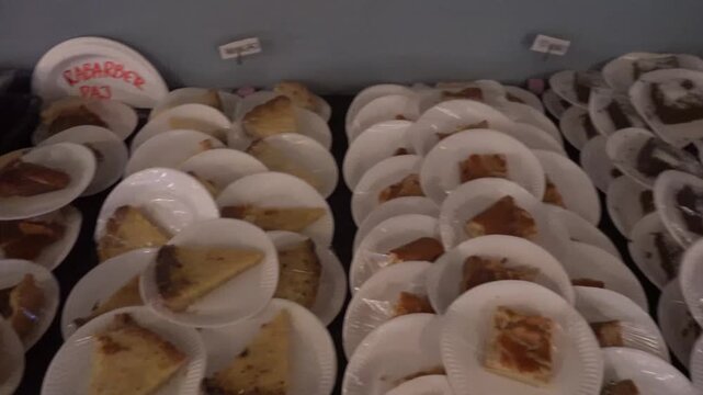 Stockholm, Sweden A display of cakes like Rhubarb pie and coffee service on display in a cafeteria.