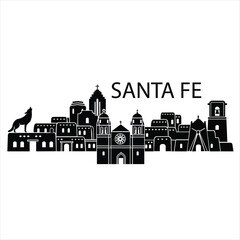 Black and white vector skyline illustration of santa fe, new mexico featuring iconic pueblo and spanish colonial architecture.