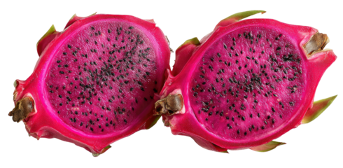 A halved, vibrantly colored fruit displays a fuchsia interior speckled with black seeds against dark background