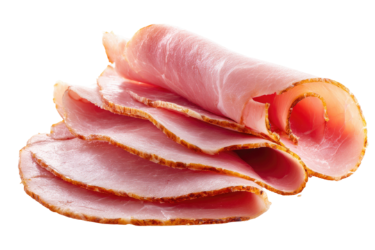 Sliced pink cured meat, showing several layered, thin cuts with a slight brown edge