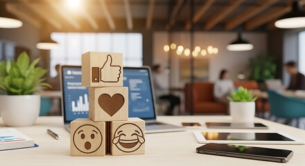 Social Media Engagement - Wooden Blocks with Emoji Icons on Desk.