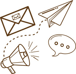 Email Marketing and Communication Concept with Envelope, Paper Plane, and Megaphone Line Art Illustration