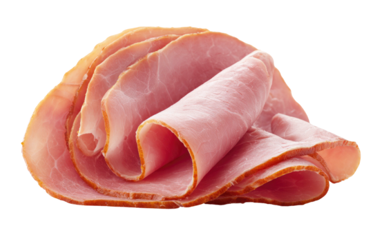 Close-up of thinly sliced, cured, pink-hued meat. Curled layers display texture and subtle shading
