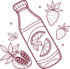 Hand Drawn Fruit Juice Bottle with Strawberries and Citrus Slice Illustration