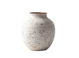 Isolated, speckled ceramic vessel against black. Features a rounded body, narrow neck, and earthen rim