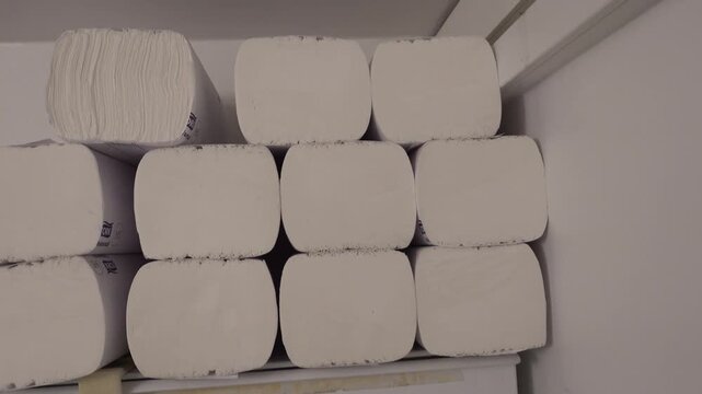 Stockholm, Sweden A stack of hand paper towels stored in a pubic bathroom. 