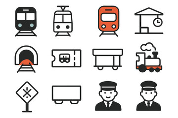 Minimalist train icons collection featuring locomotives, tickets, and conductors