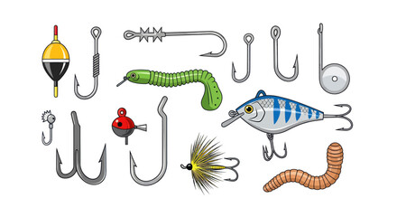 Colorful Fishing Tackle Set Illustration with Hooks Lures and Bobbers. © wong