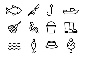 Fishing essentials icons: simplistic line art collection for angling enthusiasts