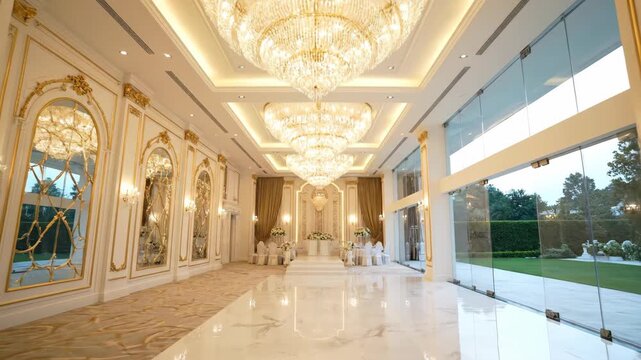 Luxurious and grand ballroom interior with stunning crystal chandeliers, ornate white and gold decor, and a polished floor, perfect for a wedding or gala event